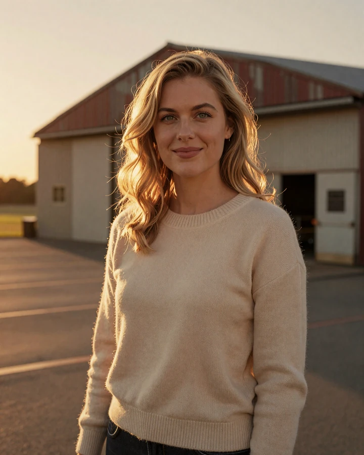 Verified woman on our military pilot dating site at a sunset airfield, golden hour portrait